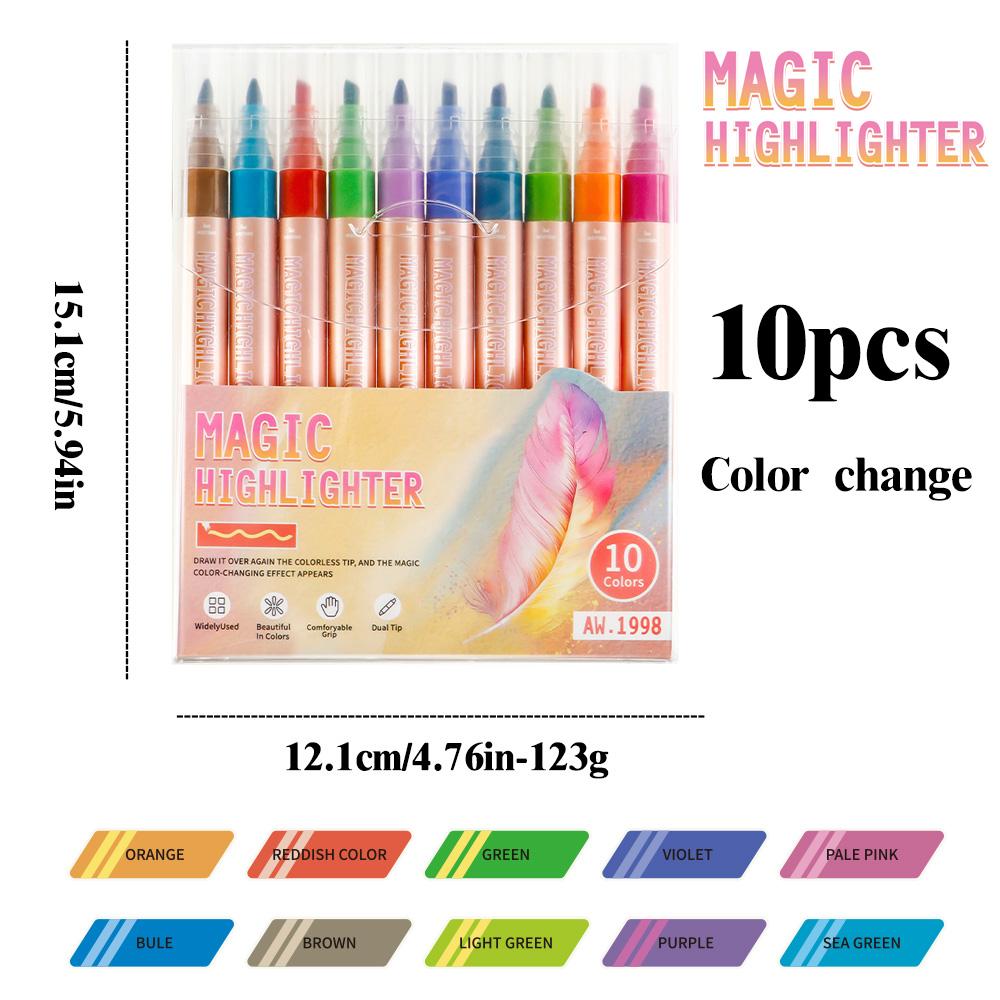 10 Colors Dual Tip Fluorescent Color Eraser Highlighter Pen For DIY Doodle, Drawing, Lining, Marking, Journal Pen