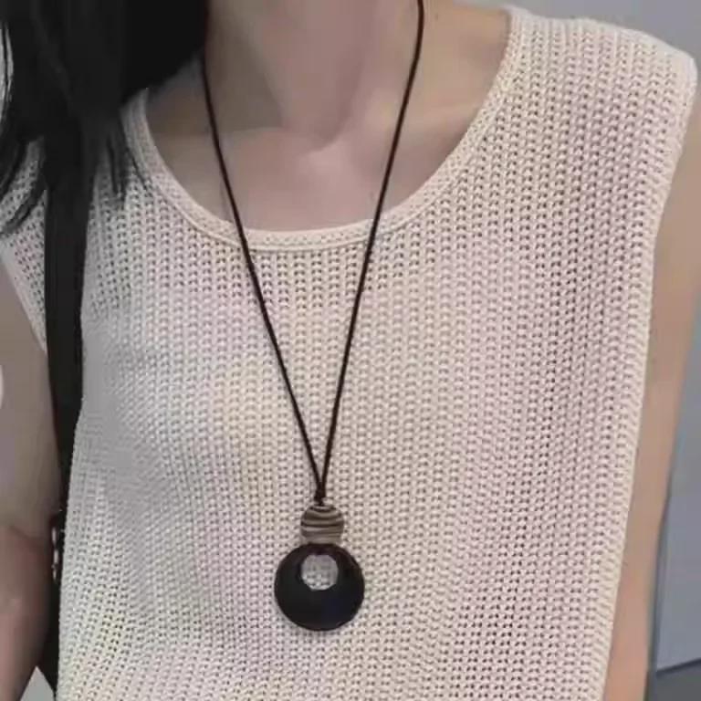 Retro Black Rope Long Necklace - Elegant Chinese Design for Women, Perfect for Autumn/Winter Sweaters
