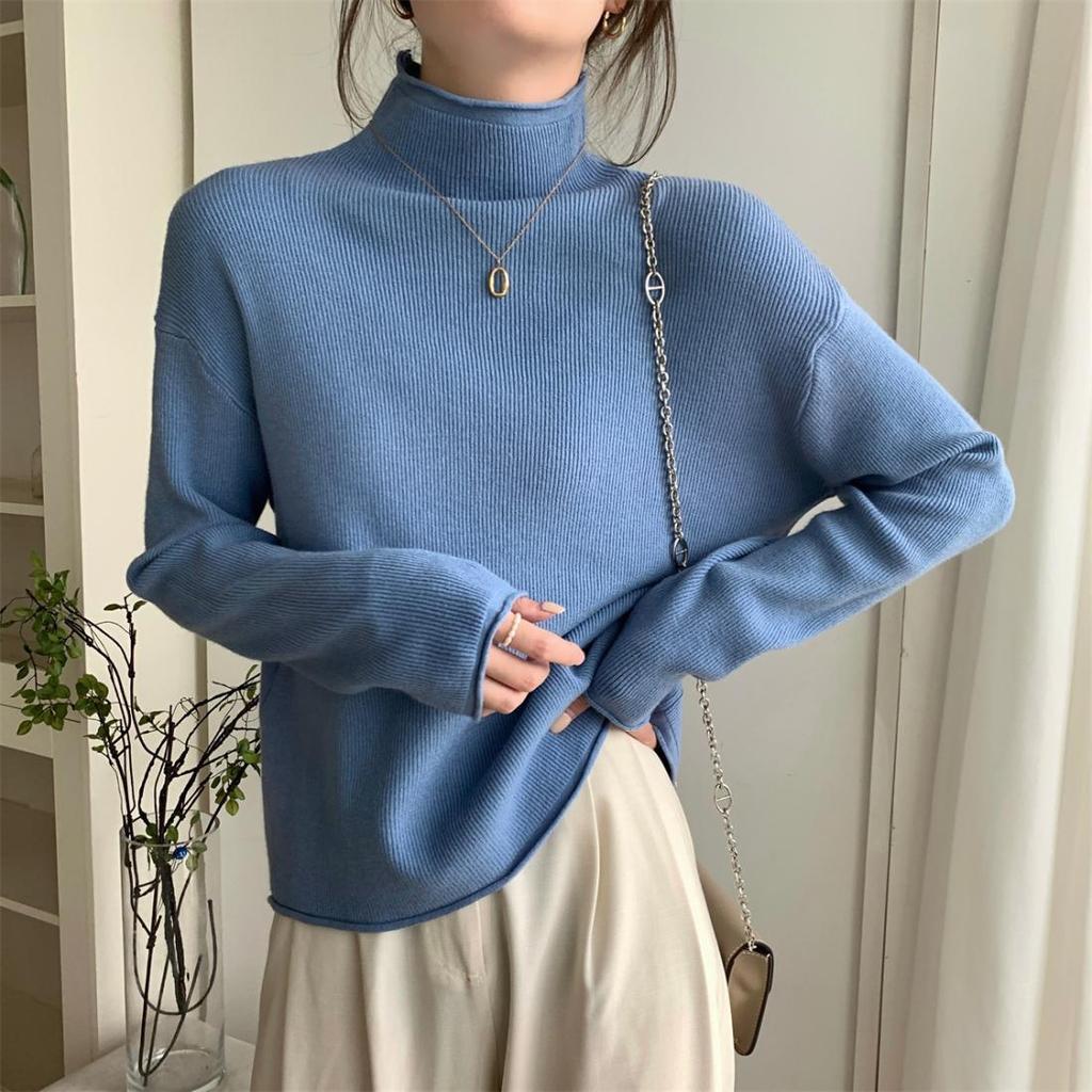 Solid-color Sweater Women's Fashion Korean-style Half Turtleneck Pullover Casual Loose Long-sleeved Knitted Sweater for Spring and Autumn