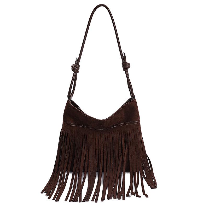 

Трендовая замшевая сумка с бахромой в стиле ретро Maelard 2025: Универсальная сумка кроссбоди и подмышечная сумка большой вместимости для женщин кофейный