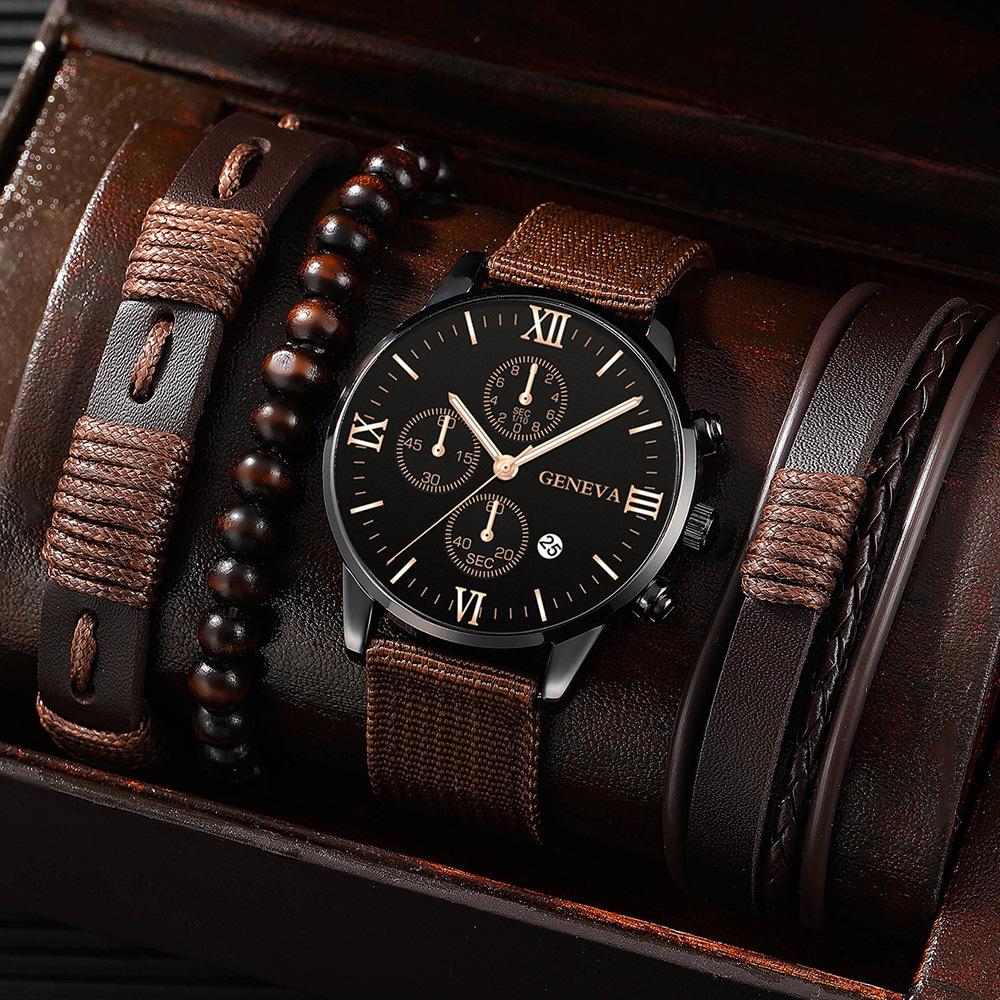 Men's Set Gift Watch 4pcs Bracelet Four-piece Set Men's Watch Calendar Watch Quartz Watch Sports
