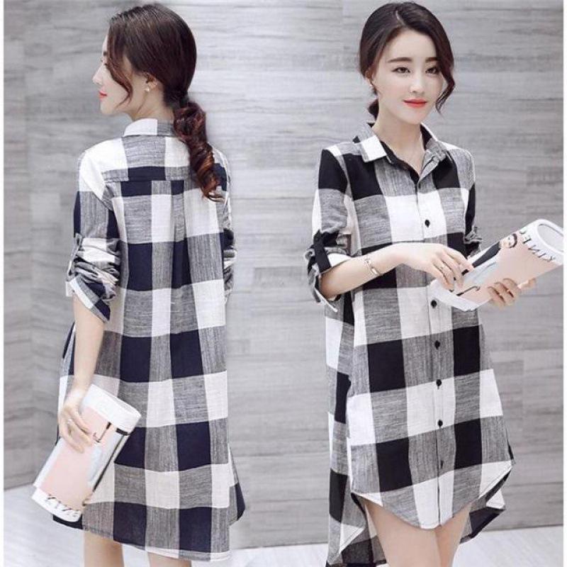 

Женская клетчатая рубашка на весну/осень: Новый дизайн, Длинный/Короткий рукав, Средней длины, Большой размер, Свободный крой, Повседневная куртка L