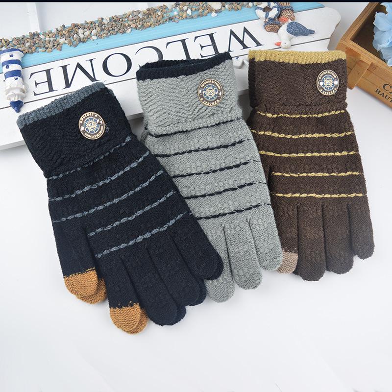 Autumn and Winter Men's Touch Screen Gloves New Knitted Wool Plush Warm Fashion Marked Striped Cycling Gloves