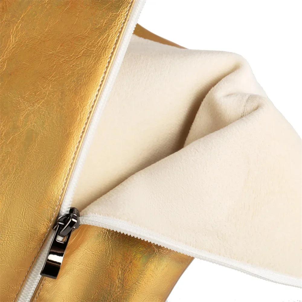 Metallic Silver Gold Microfiber Knee High Boots Women Chunky Heels Party Dress Lady Winter Zipper Plush Gogo Platform Long Boots