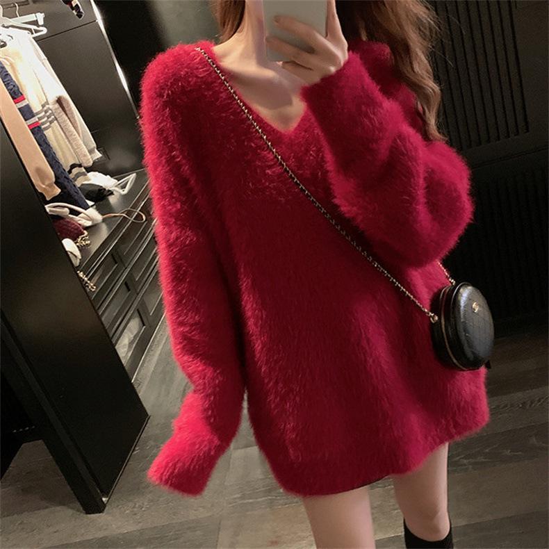 Women's Imitation Mink V-Neck Sweater - Spring & Autumn Korean Sweet Lazy Style, Soft & Plus Size Knitted Sweater