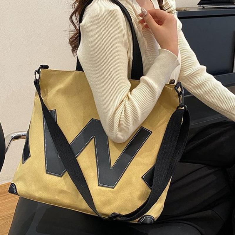 Canvas Bags, Commuter Bags, Tote Bags, Women's Large-capacity Contrasting Colors, College Students, School Bags, Oblique Span Bags, Popular Trend