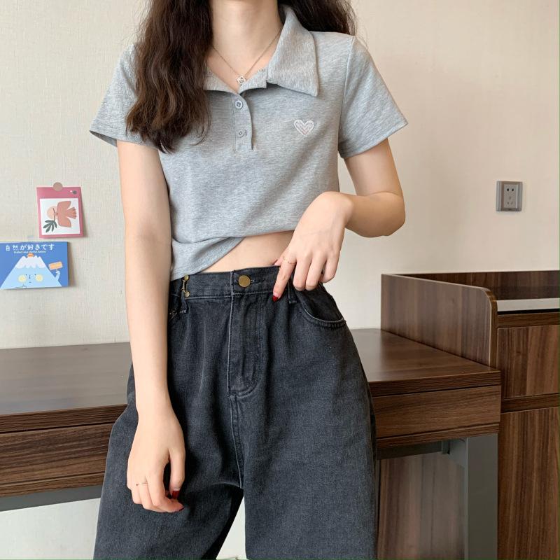 Embroidery Polo collar front shoulder short-sleeved T-shirt women's summer new slim-fit sweet wind short t-shirt short top ins