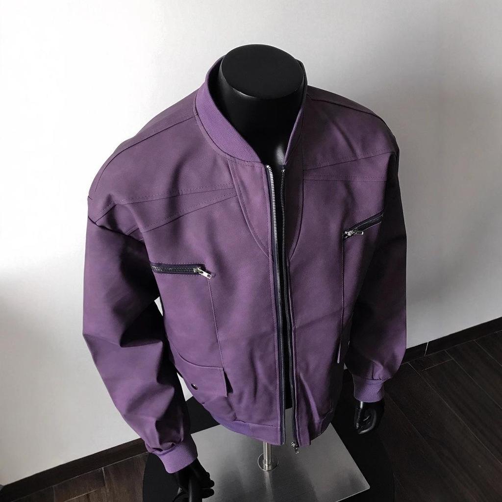 2025 Men's American Vibe Purple PU Leather Streetwear Jacket with Retro Zippers - Loose Fit
