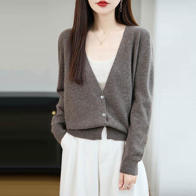Women's V-neck Wool Knit Cardigan - Autumn/Winter Solid Color, Long Sleeve, Loose Fit Sweater.