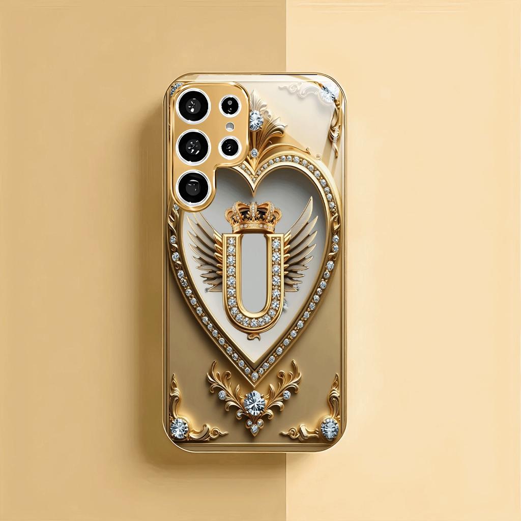 Gold-plated tempered glass phone case, compatible Galaxy S26 S25 S24 S23 S22 Ultra Plus. Features a gold heart-pattern design.