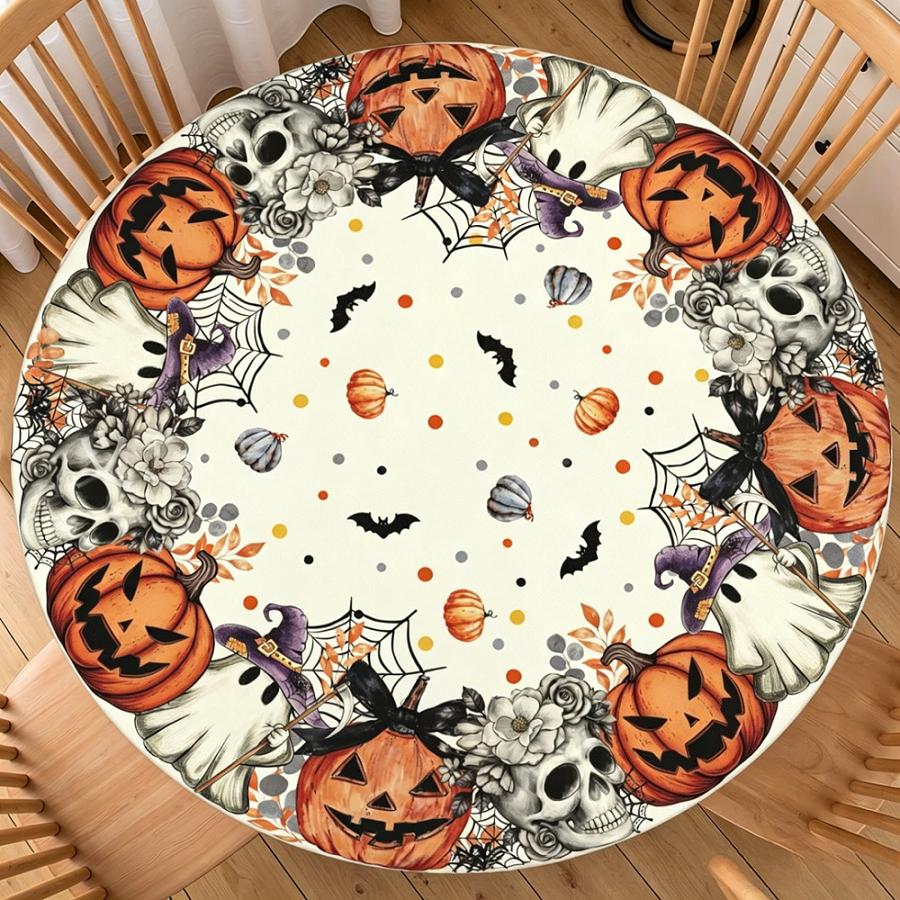 Halloween Round Table Cover Waterproof Oilproof Stretch Fitted Tablecloth Pumpkin Ghost Print Wipeable Table Protector Home Party Holiday Dining Decor