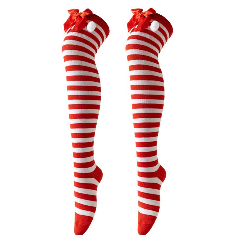 Christmas Striped Over Knee Thigh High Stockings 1 Pair Soft Socks for Women Xmas Party Favor Gift Option