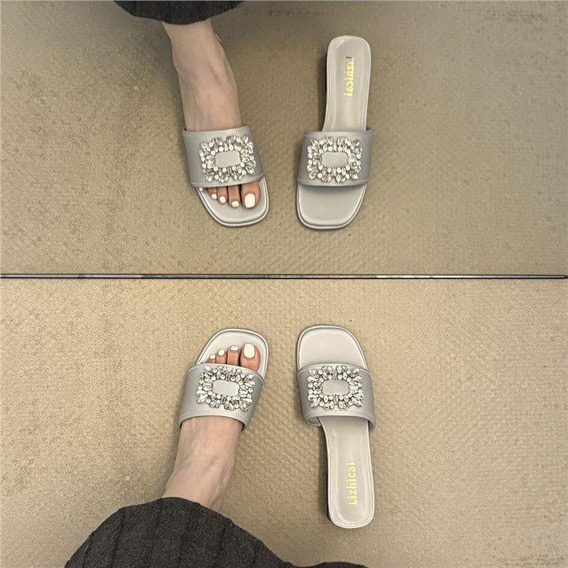 Beautiful Thick Heel Rhinestone Square Buckle Open-toed Slippers Temperament One-word Slippers Women Wear Sandals Versatile Sandals In Summer Women
