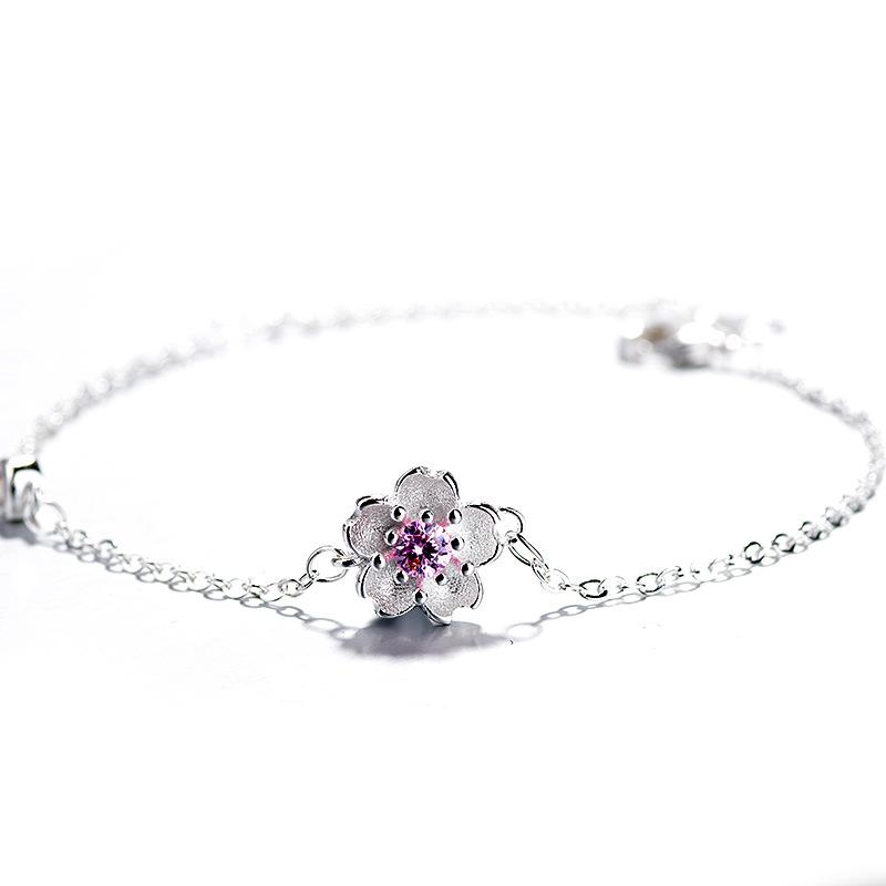 

Real Money Korean 925 Sterling Silver Zircon Cherry Blossom Charm Bracelet For Women Girls Homme Wedding Party Jewelry Gift розовый