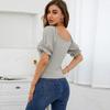 Women's T-shirt solid color puff sleeves V-neck waist-hugging slim T-shirt clothes sale