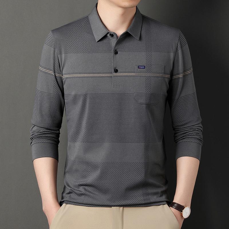 New Dad Wear Men's Lead Long-Sleeved T-shirt Men's Real Pocket Top Striped Men's Polo Shirt with Pockets