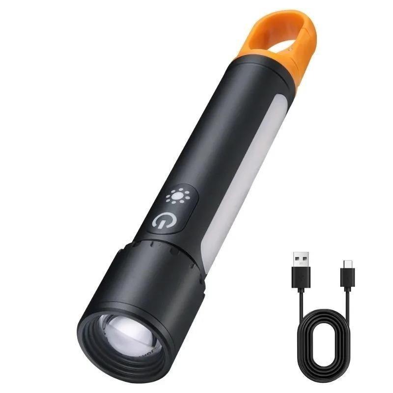 Type-C Rechargeable Multifunctional Outdoor Telescopic Zoom Flashlight Multifunctional Dual Light Source with Side Lamp