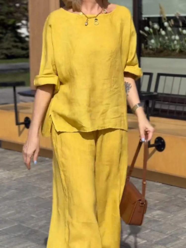 

Женский повседневный комплект свободного кроя с коротким рукавом и брюками широкого кроя в желтом, синем, зеленом, белом, розовом цветах 5XL жёлтый