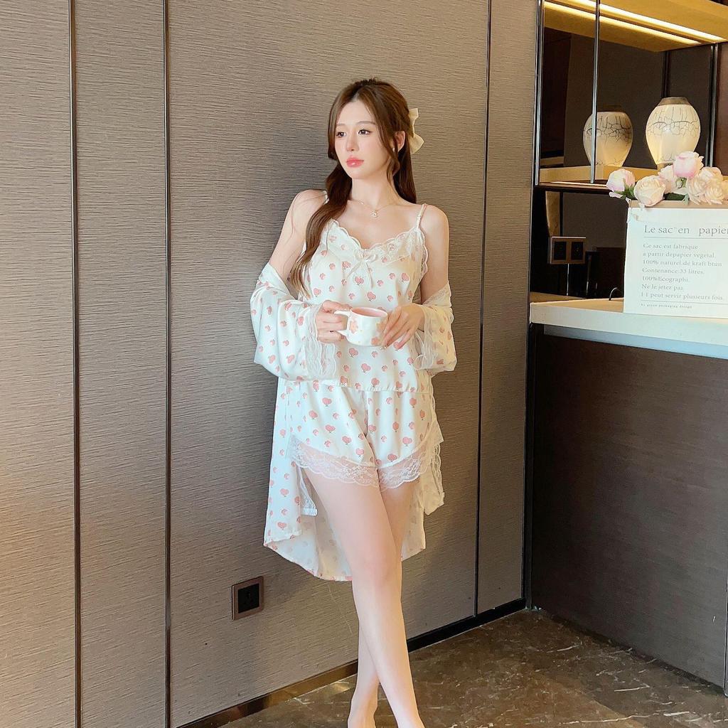 Women's Summer Ice Silk Lace Pajama Set - Sexy Japanese-Style Robe with Sling Shorts