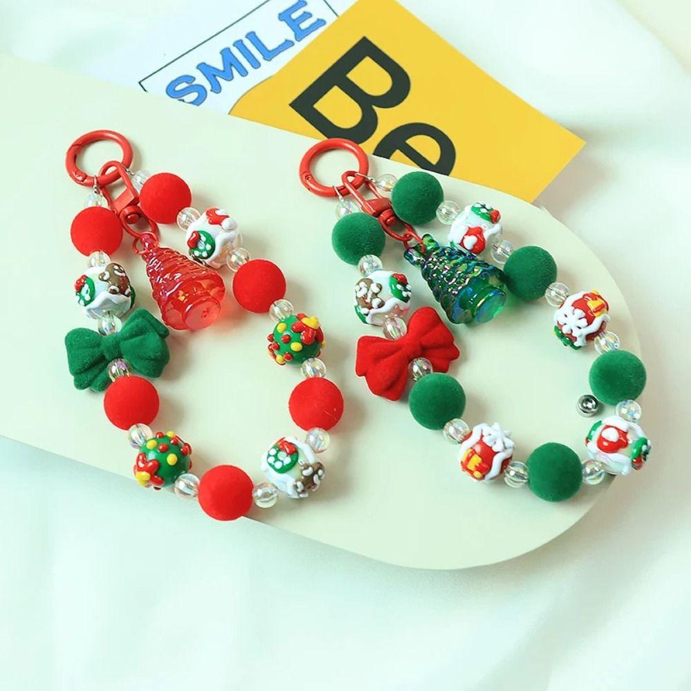 Flocked Bowknot Plush Beads Keychain Christmas Tree Beaded Cell Phone Lanyard  Christmas