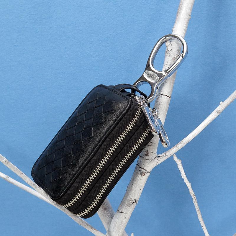 Wholesale Sheepskin Woven High-quality Key Bag Waist Hanging Double-layer Zipper, Large-capacity Car Key Bag Factory