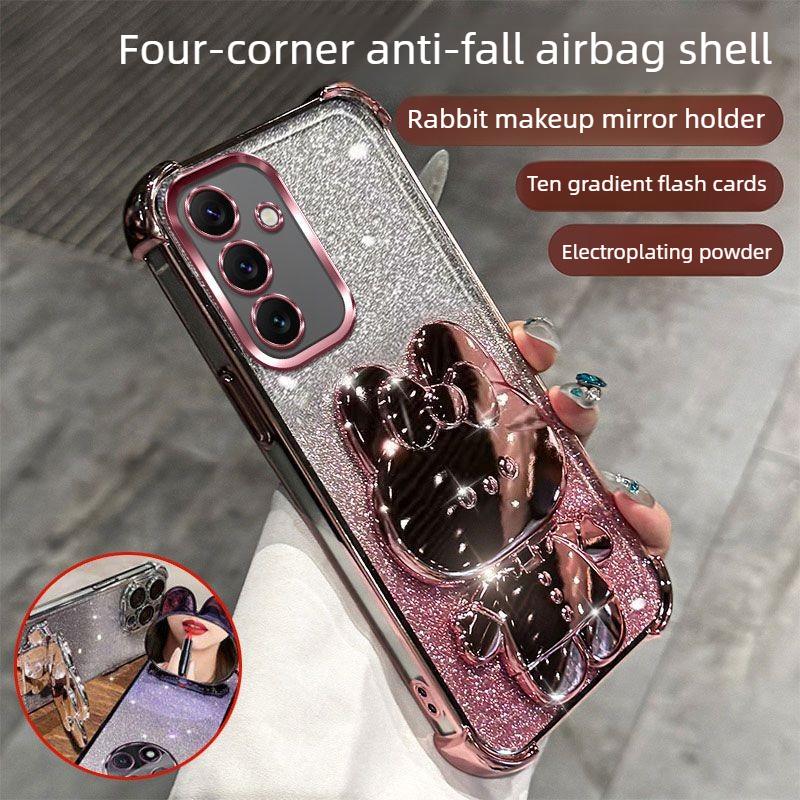 Glitter Mirror Rabbit Stand Holder Phone Case for Samusng Galaxy A57 A37 A17 A07 A56 A36 A26 A16 A55 A35 Four Corner Soft Cover