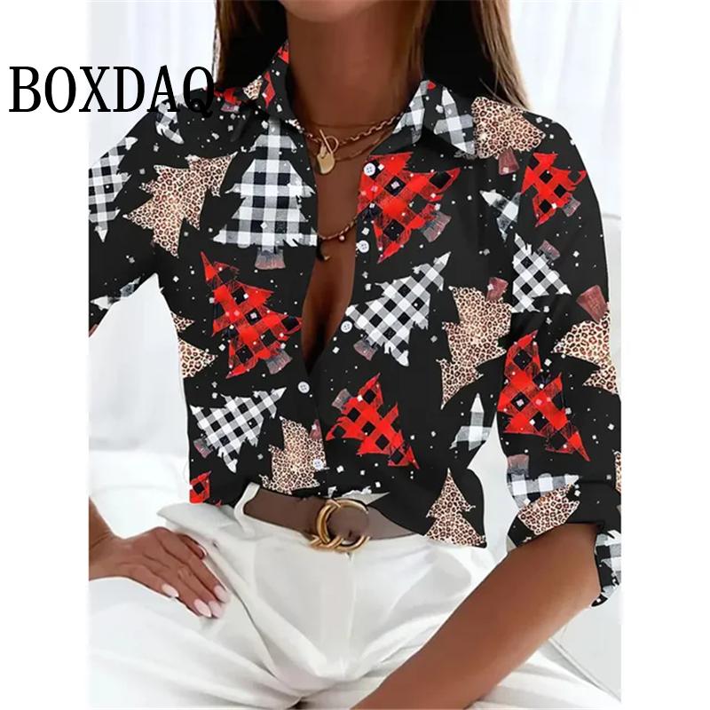 Women's New 3D Christmas Print Long Sleeve Blouses Elegant Lapel Long Sleeve Tops Winter Spring Single-Breasted Basic Shirt