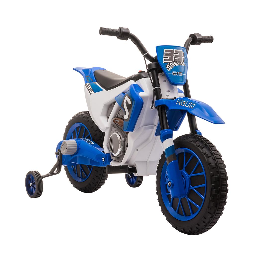 Moto per Bambini, Moto Elettrica, Autonomia 45 Minuti, con Rotelle Ausiliarie, da 3 Anni, Blu+Bianco, 106,5 x 51,5 x 68cm