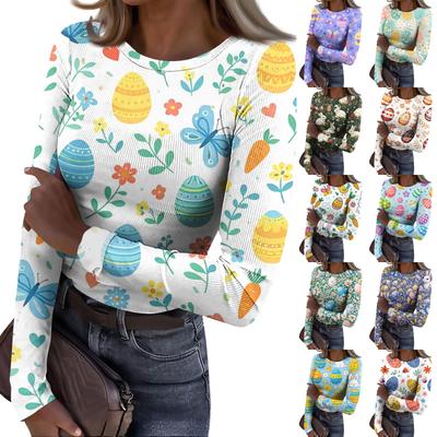 Women's And Winter Slim T-shirt Fashion Casual Printing Round Neck Pullover Long Sleeve Top