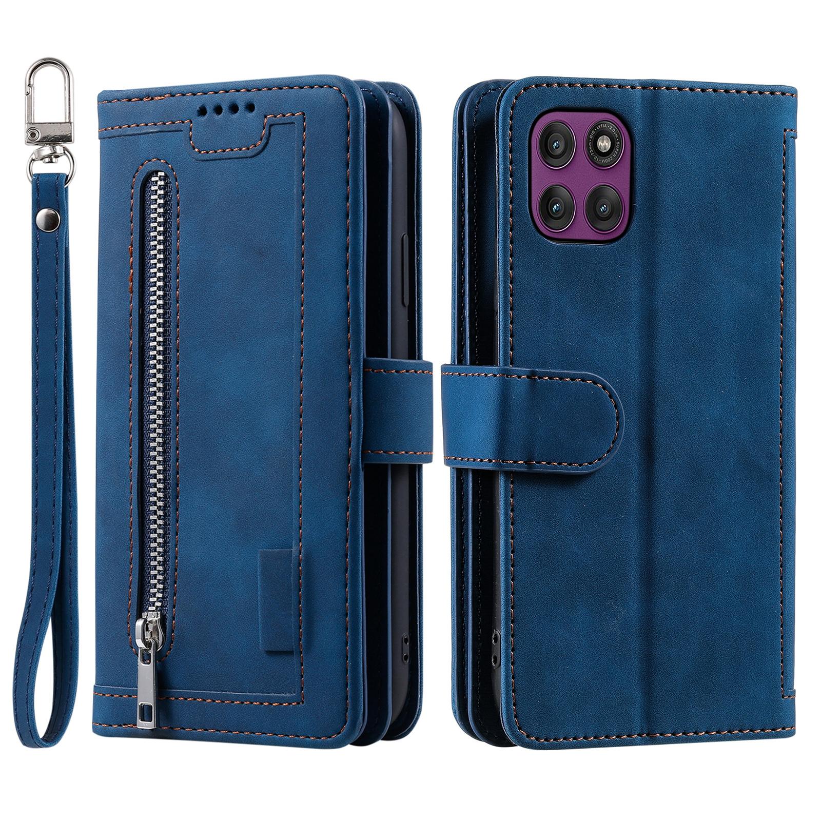 

Чехол для Motorola Edge 60 Pro 5G с 9 отделениями для карт, кошелек на молнии, чехол для телефона из ПУ кожи с ремешком на запястье Blue