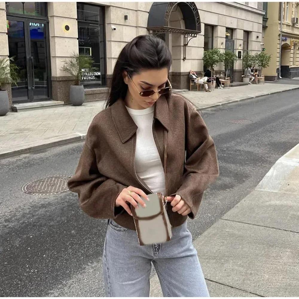 Fashion Brown Zipper Jacket For Women Elegant Lapel Long Sleeve Short Coats Female Vintage Lady Street Outerwear