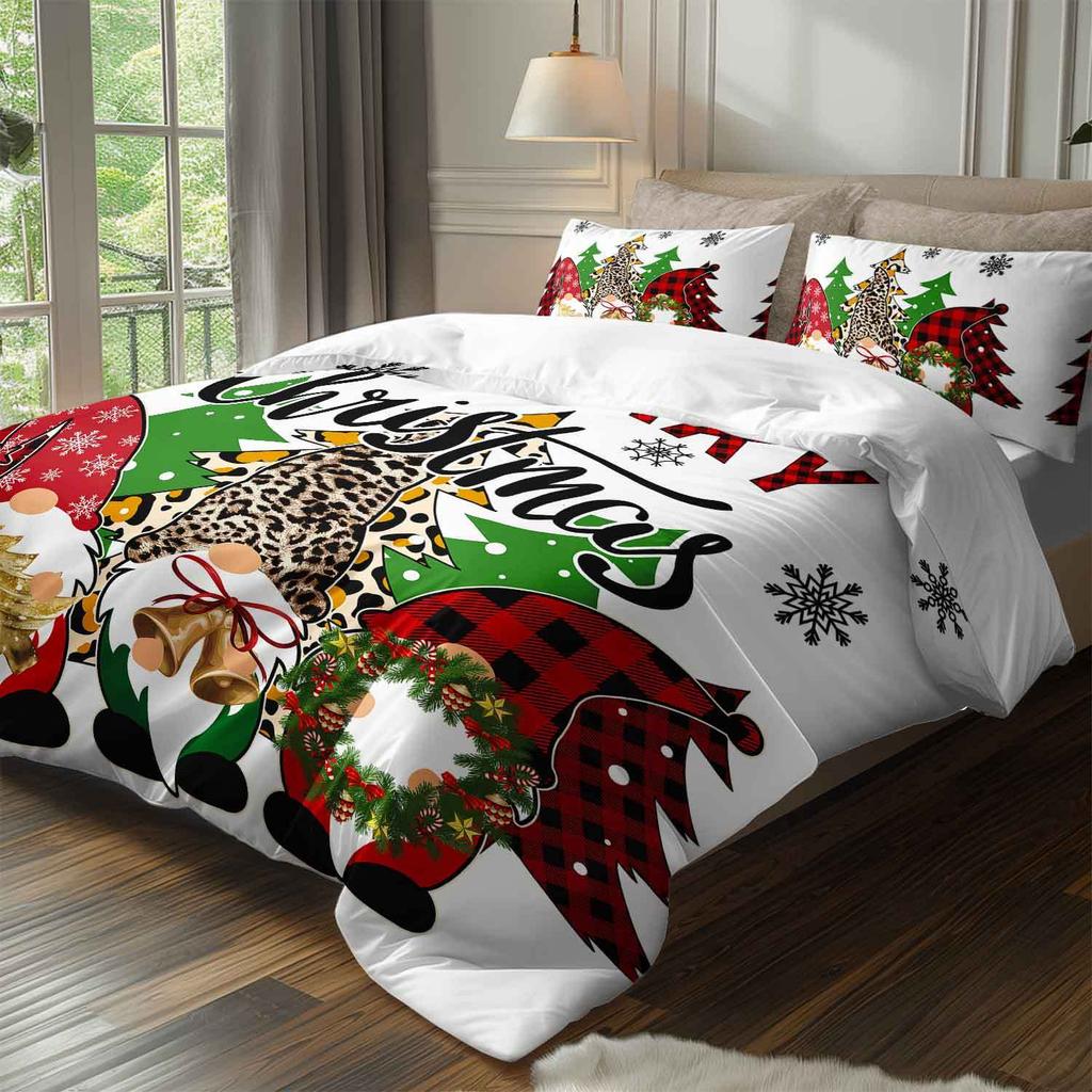 3pcs Christmas Gnome Plaid Bedding Duvet Cover Set Merry Christmas Gnome Bedding Quilt Set Christmas Themed Bed Quilt Set Winter