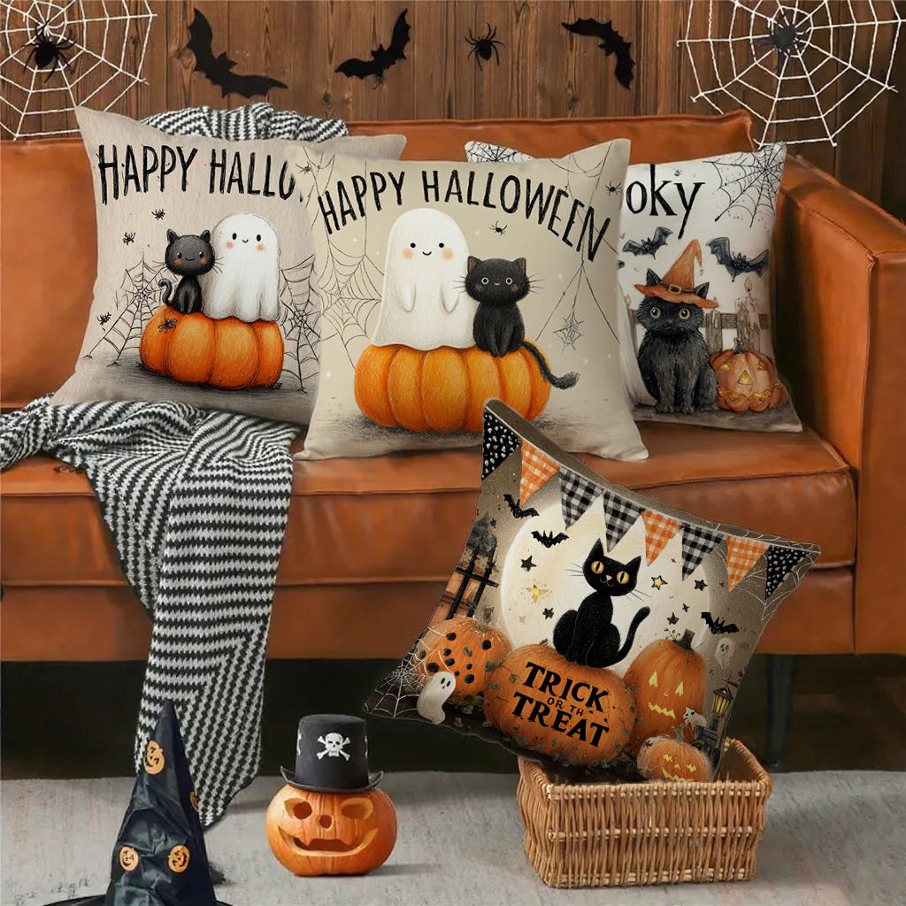 Halloween-Themed Cat & Ghost Pillowcasessuitable For Sofa Car Bedroom Decorative Cushion Cover Pillow Cover