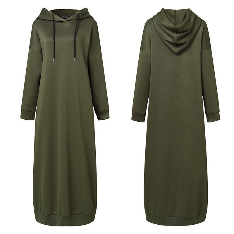 Muslim Dress Women Sweatshirt Dress Stylish Hoodies Long Sleeve Maxi Dress Female Casual Solid Hooded Vestidos Robe S-3XL