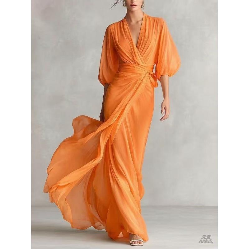2026 European and American Socialites Deep V-neck Shoulder Lantern Sleeves Waist Long Dress Romantic Autumn Banquet