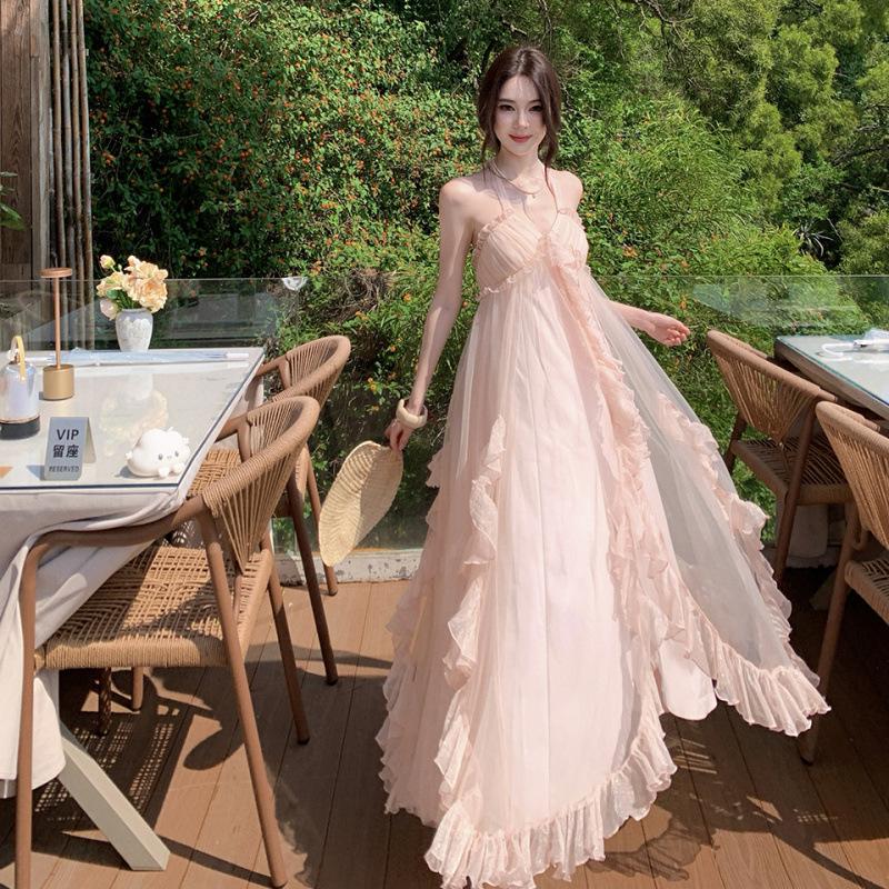 New Vacation Soft Pink Tulle Dress Fairy Elegant Mesh Morning Robe Dress