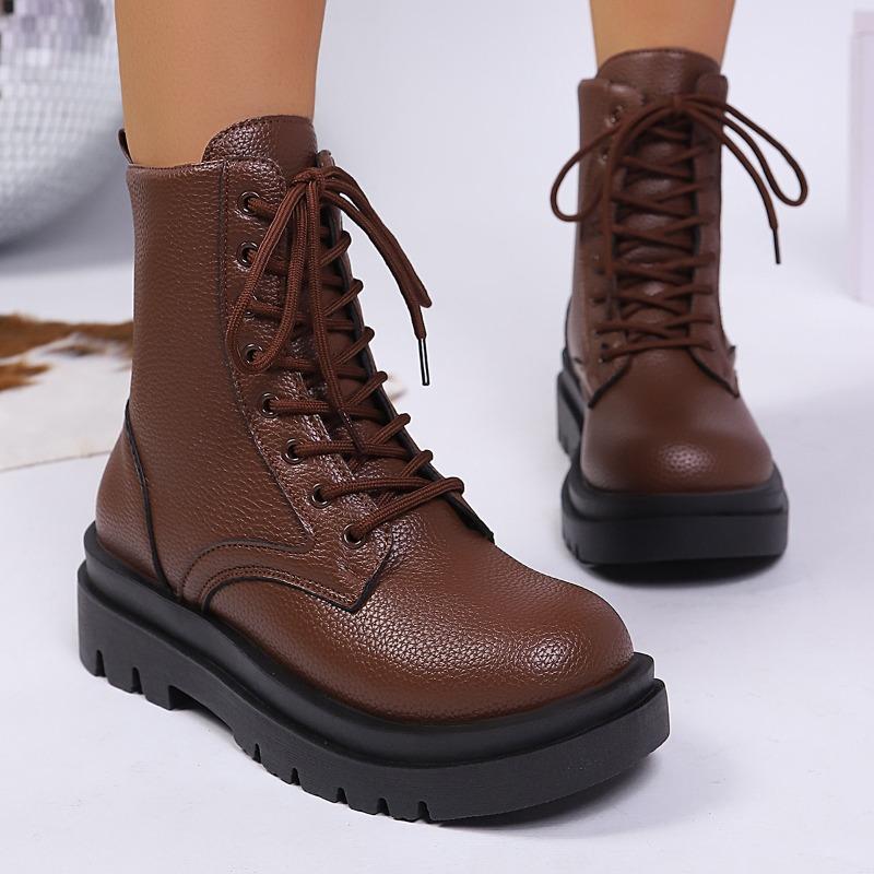 Women's Large Size Thick Sole Lace-Up British Style Martin Ankle Boots.