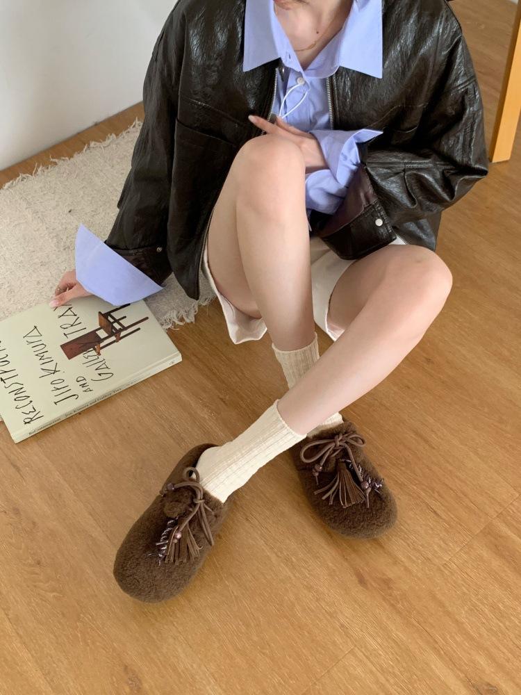 Huge Good-looking Baotou Fluffy Half Slippers Women's Inner Height Increases by 25 Autumn and Winter New Plush Warm Fringed Women's Shoes