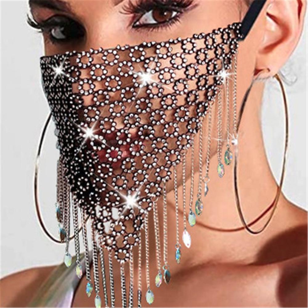 Bling Reticulated Rhinestone Night Club Party Adult Face Mask Vintage Trendy Crystal Mouth Mask Popular Dance Exotic Veil Masks