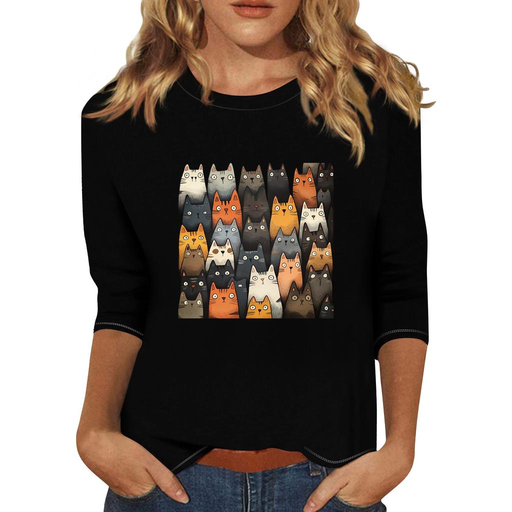 Women's Fashion Casual Three-quarter Sleeve Cat Print Round Neck Pullover Top