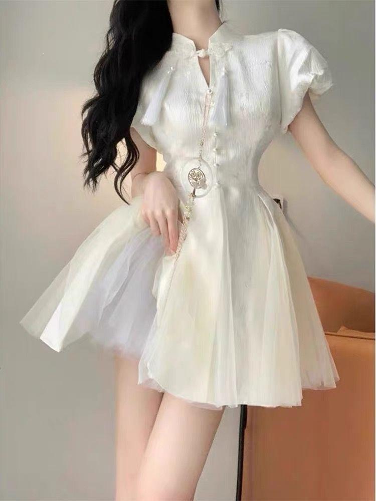 New Chinese national style improved cheongsam short-sleeved dress children's summer high-end temperament waist fairy tutu skirt