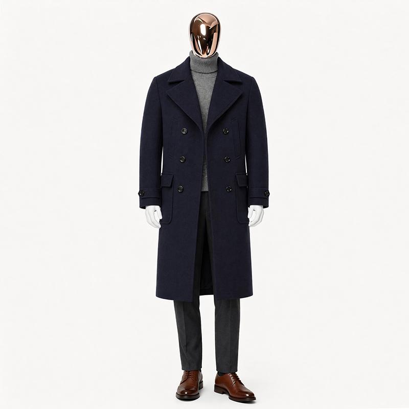 Herren Premium Wollmischung Zweireihiger Langer Peacoat