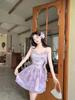 Sexy and Chic Mesh Printing Lotus Leaf Edge Primer Dress, Women's Summer Scheming Backless Waist Tube Top Skirt