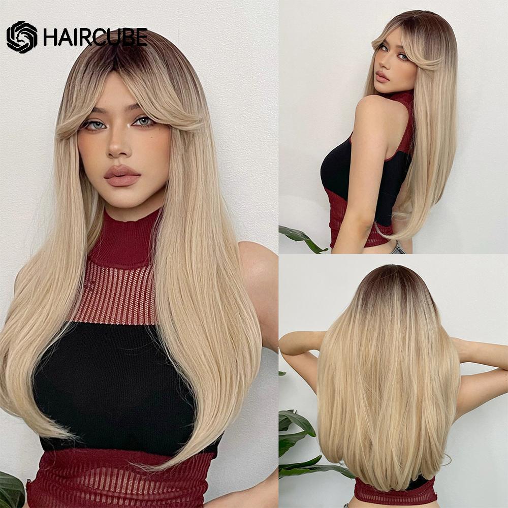 Long Wavy Layered Black-Brown Shoulder-Length Wigs With Bangs Heat Resistant Synthetic Wigs for Women Cosplay Daily Natural Wigs