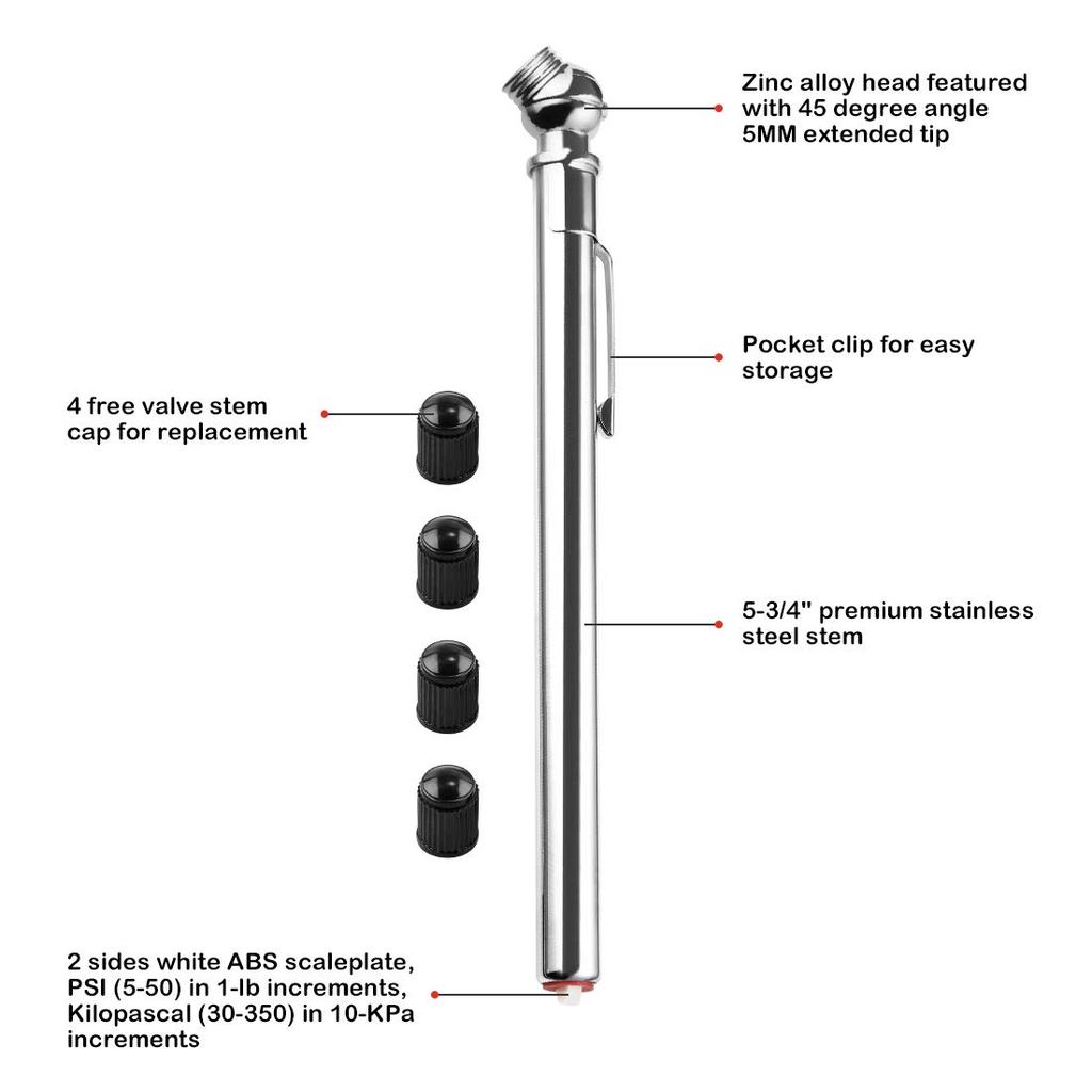 CZC AUTO Pencil Tire Pressure Gauge Mechanical Air Gauge Stainless Stem Single Chuck with
