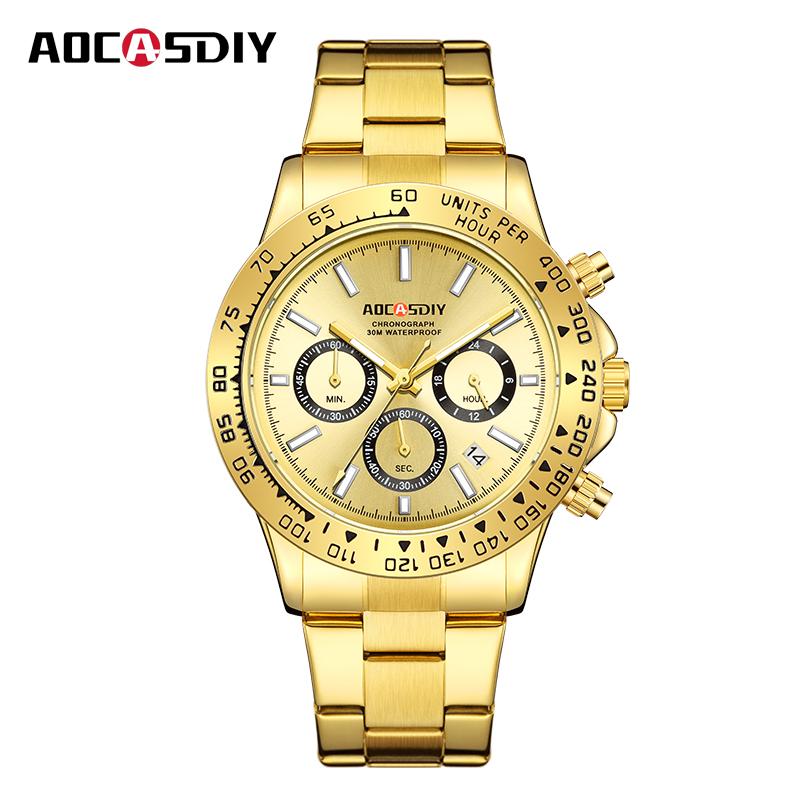 

Роскошные мужские наручные часы Водонепроницаемые Светящиеся Дата Неделя Мужские часы Ремешок из нержавеющей стали Кварцевые Мужские часы золотой