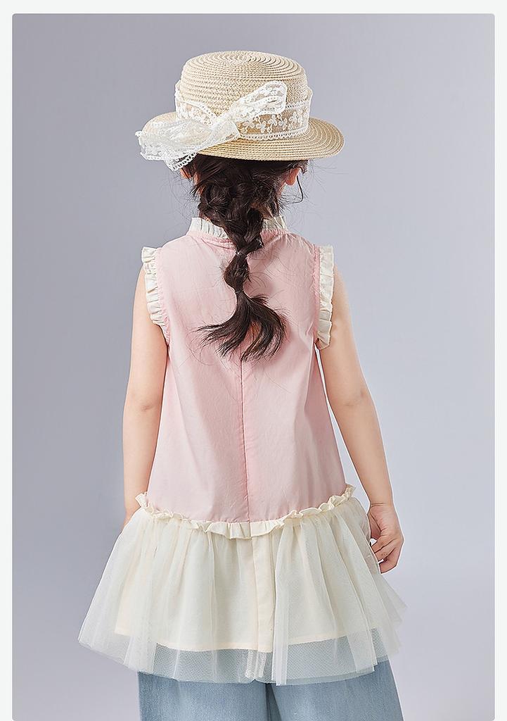 [A-line version mesh wood ear] Infant and young girls' dress 25 summer children's casual fashion top