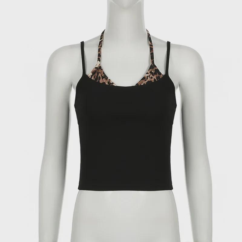 Wild Leopard Print Patchwork Crop Top - American Retro Color Block Camisole
