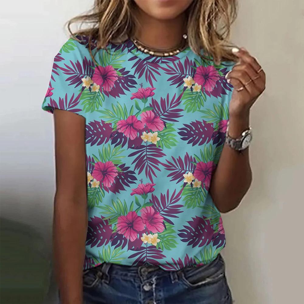 Colorful Floral Pattern 3D Digital Printing Women's Comfortable Round Neck Short Sleeved T-shirt