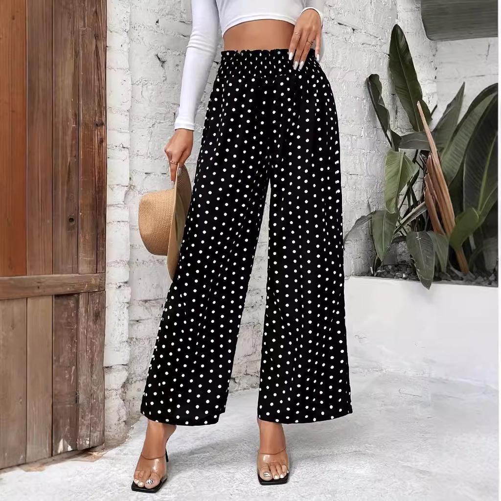 Spring/Summer Polka Dot Print High-Waisted Wide-Leg Pants Elegant Loose-Fit Casual Comfortable Slimming Long Pants
